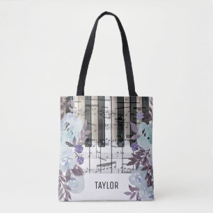 Bolso De Tela nombre personalizado música de flores azules notas