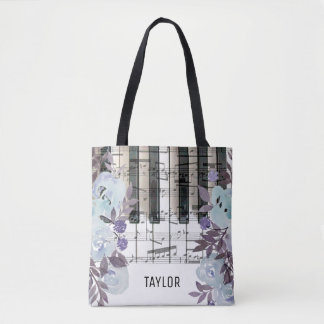 Bolso De Tela nombre personalizado música de flores azules notas