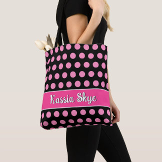 Bolso De Tela Nombre personalizado negro de punto de polka rosad