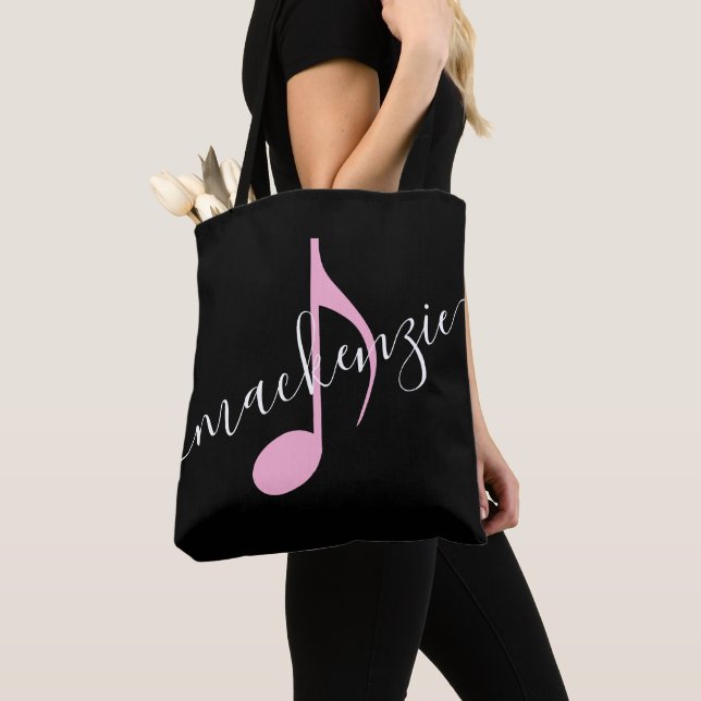 Bolso De Tela Nombre personalizado Nota de música Negro y Rosa (Detalle)