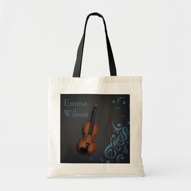 Bolso De Tela Nombre personalizado o violín de mensaje en negro  (Frente)