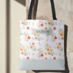 Bolso De Tela Nombre Personalizado Patrón Floral Soleado Acuarel