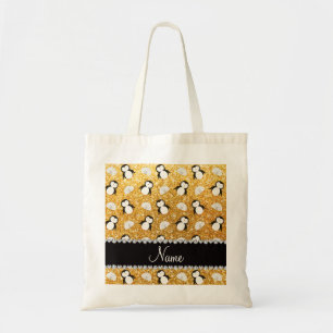 Bolso De Tela Nombre personalizado purpurina amarillo pingüinos