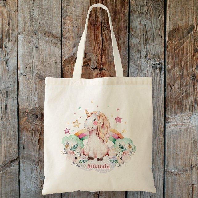 Bolso De Tela Nombre personalizado Rainbow Unicorn (Custom Name Rainbow Unicorn Tote Bag)