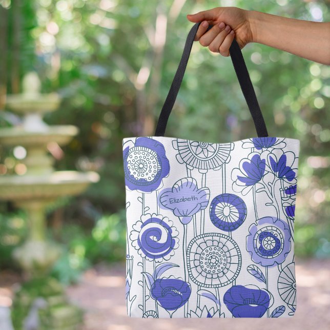 Bolso De Tela Nombre Personalizado Resumen Floral Artsy Azul Púr (Cute Custom Name Abstract Floral Artsy Custom Name Periwinkle Blue Purple Tote Bag
)