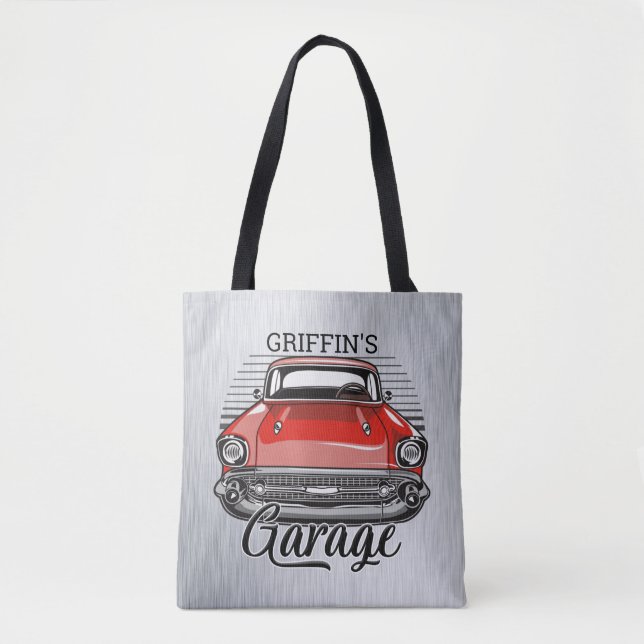 Bolso De Tela NOMBRE personalizado Retro Red Classic Car Garage (Anverso)