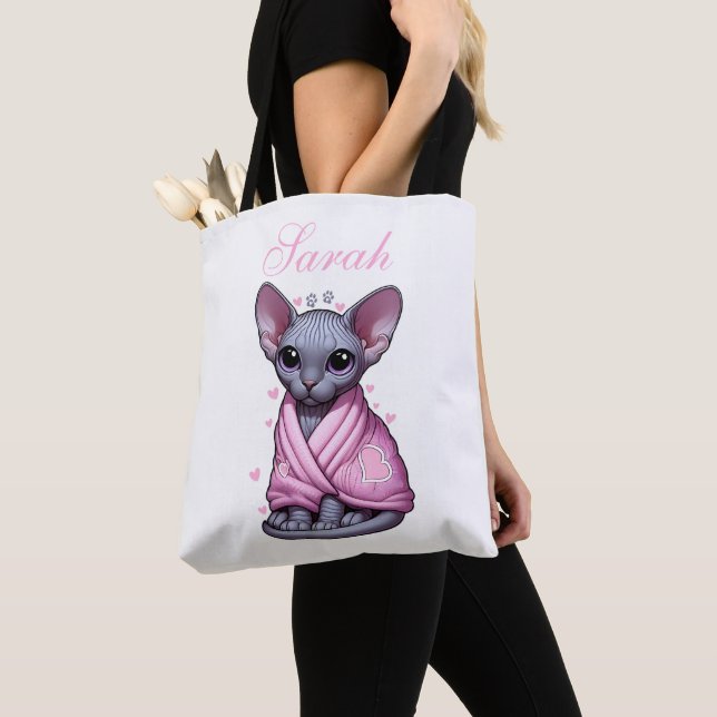 Bolso De Tela Nombre personalizado Sphynx Cat Tote Bag Pink Blan (Detalle)