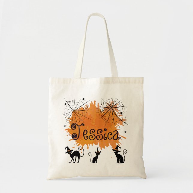 Bolso De Tela Nombre personalizado Spooky Black Cat Witch Web Sp (Frente)