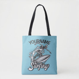 Bolso De Tela NOMBRE Personalizado Surfista Big Wave Skeleton Su
