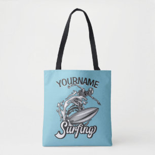 Bolso De Tela NOMBRE Personalizado Surfista Big Wave Skeleton Su