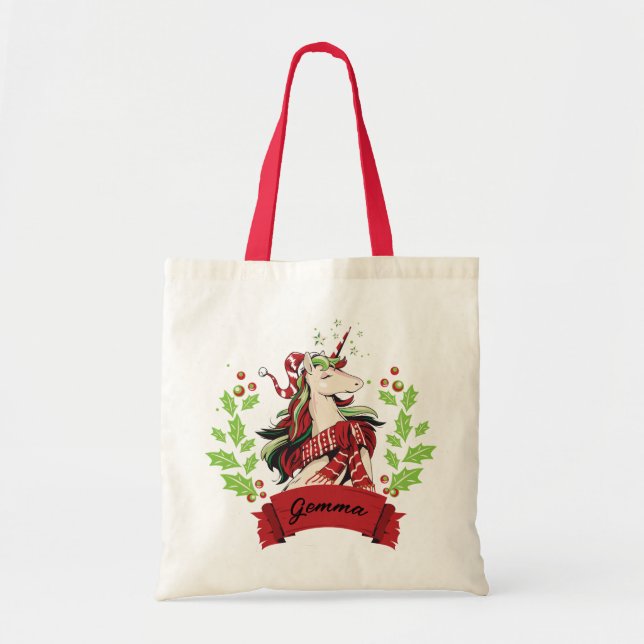 Bolso De Tela Nombre personalizado Unicorn Navidades (Frente)