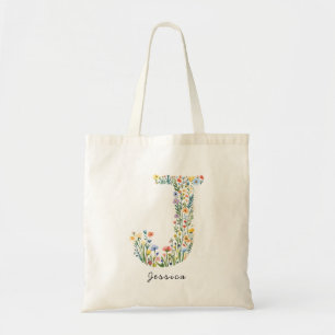 Bolso De Tela Nombre personalizado y monograma floral 'J'