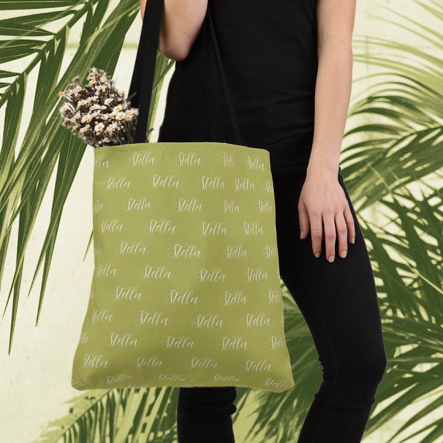 Bolso De Tela Nombre repetitivo en blanco en hoja de otoño-verde (Subido por el creador)