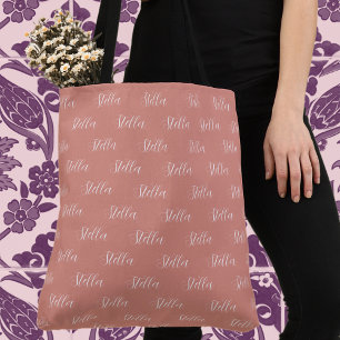 Bolso De Tela Nombre repetitivo en blanco sobre rojo rosado