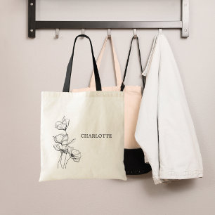 Bolso De Tela Nombre sencillo de arte de línea de flores silvest