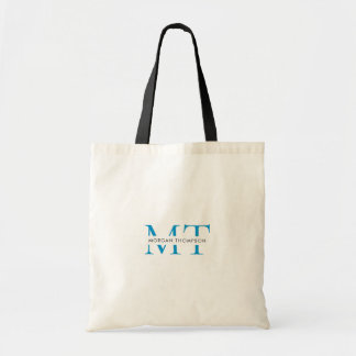 Bolso De Tela Nombre simple del guión de monograma azul de Aqua