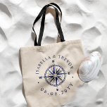 Bolso De Tela Nombres personalizados de Rosa de brújula náutica<br><div class="desc">Un bolso de brújula de estilo minimalista y elegante para tu fiesta nupcial. Cuenta con un estilo náutico blanco y naval único.</div>