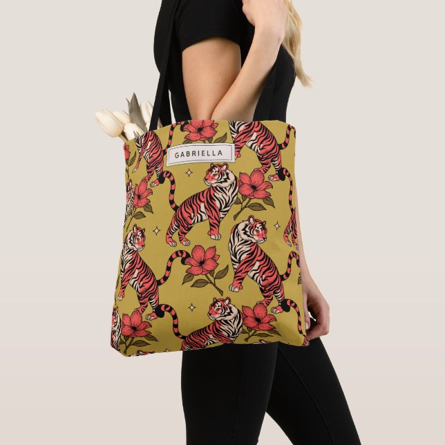 Bolso De Tela Nombres personalizados Floral de tigre grande gato (Detalle)