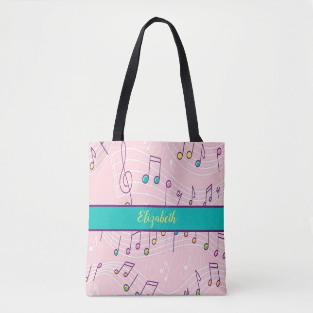 Bolso De Tela nota musical colorida rosa (Anverso)