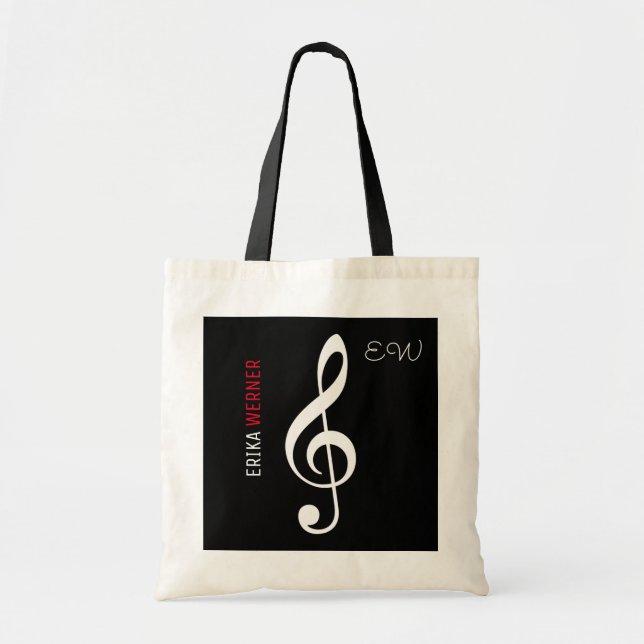 Bolso De Tela nota musical tote negro con su propio nombre (Frente)