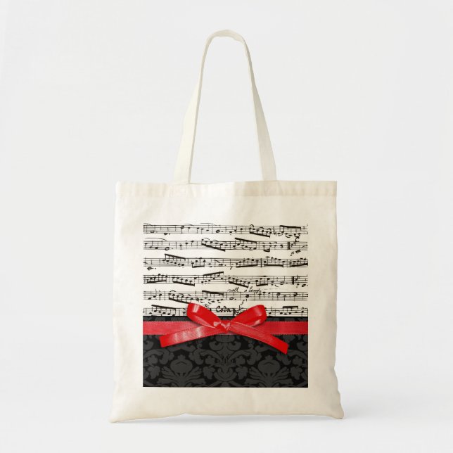 Bolso De Tela Notas de la música y falsa cinta roja (Frente)