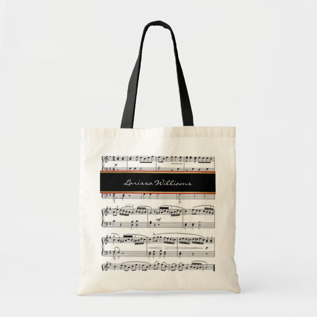 Bolso De Tela notas de música en blanco negro con nombre, person (Frente)