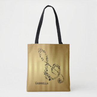 Bolso De Tela Notas de oro de la música del Clef agudo del negro