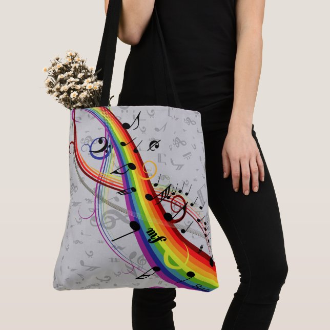 Bolso De Tela Notas musicales del arcoiris negro sobre gris (Detalle)