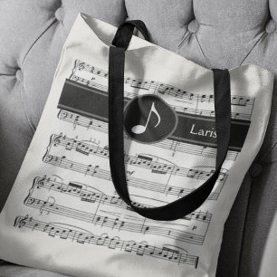 Bolso De Tela notas musicales en blanco y negro personalizado