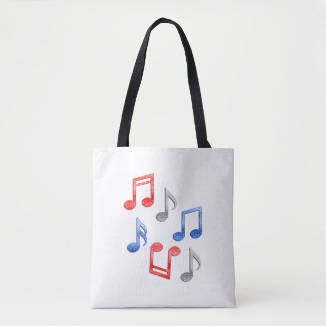 Bolso De Tela Notas musicales en Purpurina rojo plateado y azul (Anverso)