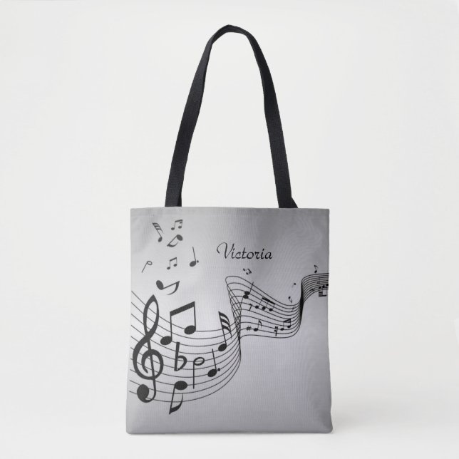 Bolso De Tela Notas musicales sobre plata con nombre (Anverso)