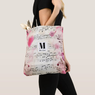 Bolso De Tela Notas musicales y Rosas Monograma de diseño de cos
