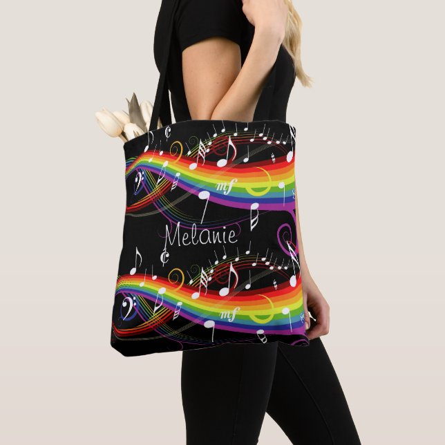 Bolso De Tela Notas personalizadas de música en arcoiris blanca  (Detalle)