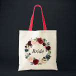 Bolso De Tela novia de flores de la marina burdeos<br><div class="desc">Una hermosa bolsa de tote de novia floral. Tiene una corona floral de color borgoña con rosas acuáticos y se puede personalizar el texto y los colores.</div>