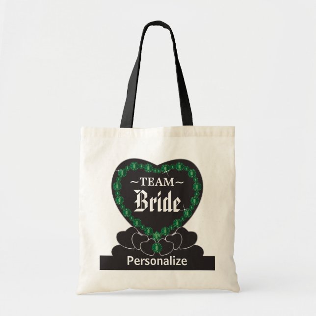 Bolso De Tela Novia del equipo| Boda| Verde esmeralda| Texto DIY (Frente)
