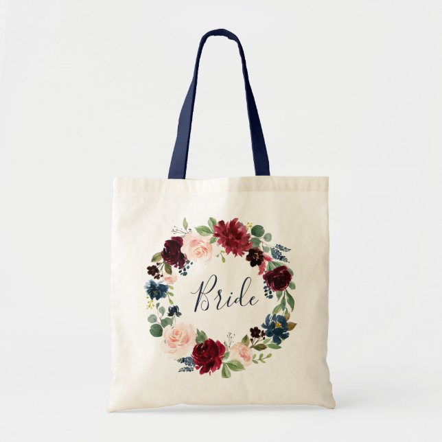 Bolso De Tela novia floral de la marina burdeos (Frente)