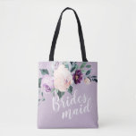 Bolso De Tela Novia floral romántica personalizada<br><div class="desc">Acuarela floral y vegetal en suave color rubia,  melocotón y púrpura,  verde y marina,  con escritura de dama de honor y nombre personalizado en la parte trasera,  elegante y romántico,  grandes regalos personalizados para dama de honor.</div>