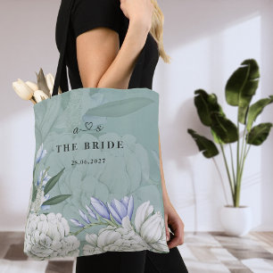 Bolso De Tela Novia Peonía Boda Botánica Verde Salvia y Blanco