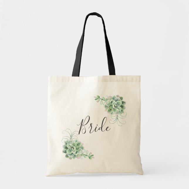 Bolso De Tela Novia. Suculentos acuarela. Boda cactus (Frente)
