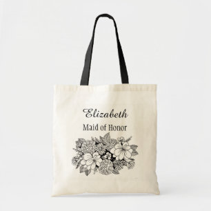 Bolso De Tela Noviaria floral blanca negra con nombre