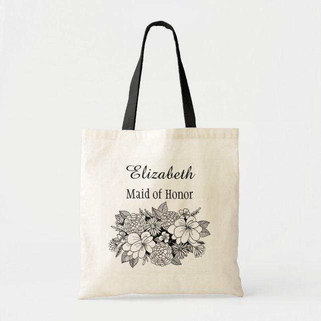 Bolso De Tela Noviaria floral blanca negra con nombre (Frente)