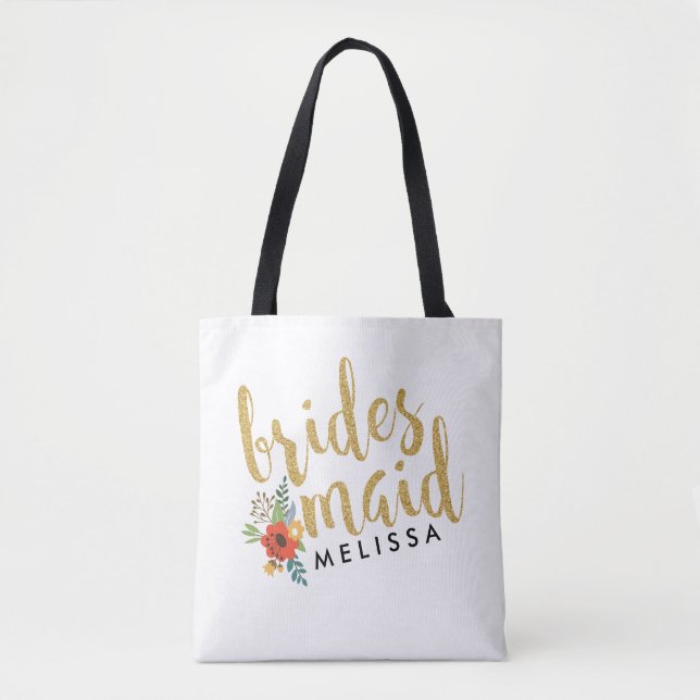 Bolso De Tela Novias Maid Gold Purpurina Script Textos (Anverso)