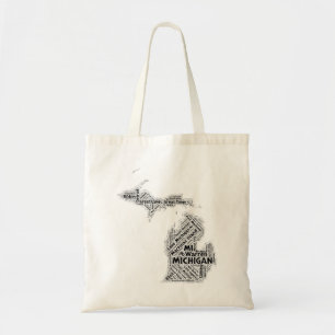 Bolso De Tela Nube de la palabra del estado de Michigan