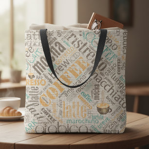Bolso De Tela Nube de palabras de Café sobre Arpillera Verde Acu