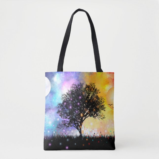 Bolso De Tela Nubes sacudidas con luna de sol y árbol (Anverso)