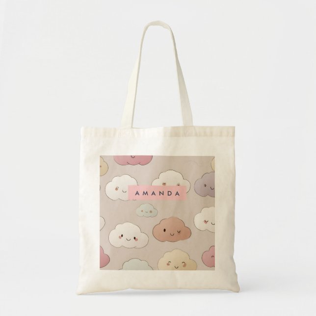 Bolso De Tela Nubes sonrientes personalizadas de Kawaii Pastel (Frente)