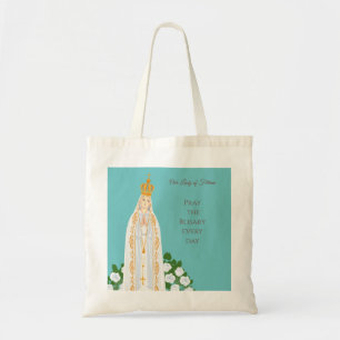 Bolso De Tela Nuestra Señora de Fátima y rosas blancas