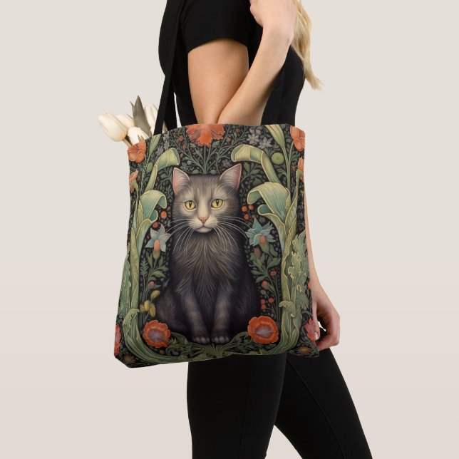 Bolso De Tela Nuevo arte gato negro y flores rojas (Detalle)