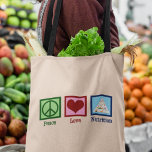 Bolso De Tela Nutrición de amor por la paz<br><div class="desc">La Paz Ama La Nutrición. Un lindo regalo nutricionista para un dietista o dietista que trabaja con salud y dietas usando la pirámide alimenticia.</div>