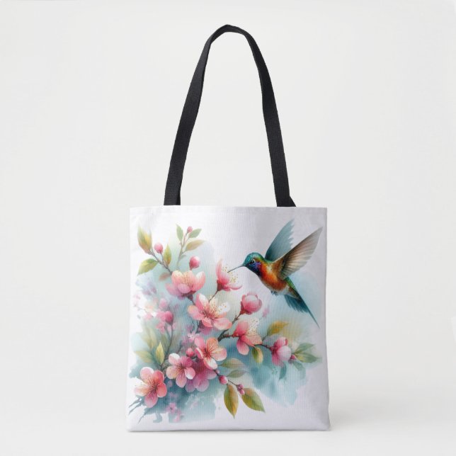 Bolso De Tela Obra artística de colibrí floral/primavera (Anverso)